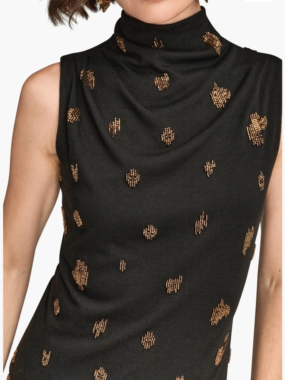 Donna Karan Black Sleeveless Turtleneck with Gold Dot Embellishments
